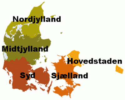 På billedet ses et kort over DK delt i Friluftsrådets regioner