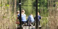fire børn i blåt tøj sidder og kigger i vandet på lille bro ved sø mellem siv 