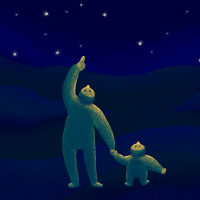Illustration af barn og voksen der kigger på stjerner.