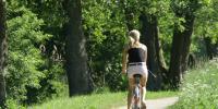Ung kvinde cykler i somersolen gennem skoven. Hun har ryggen mod kameraet